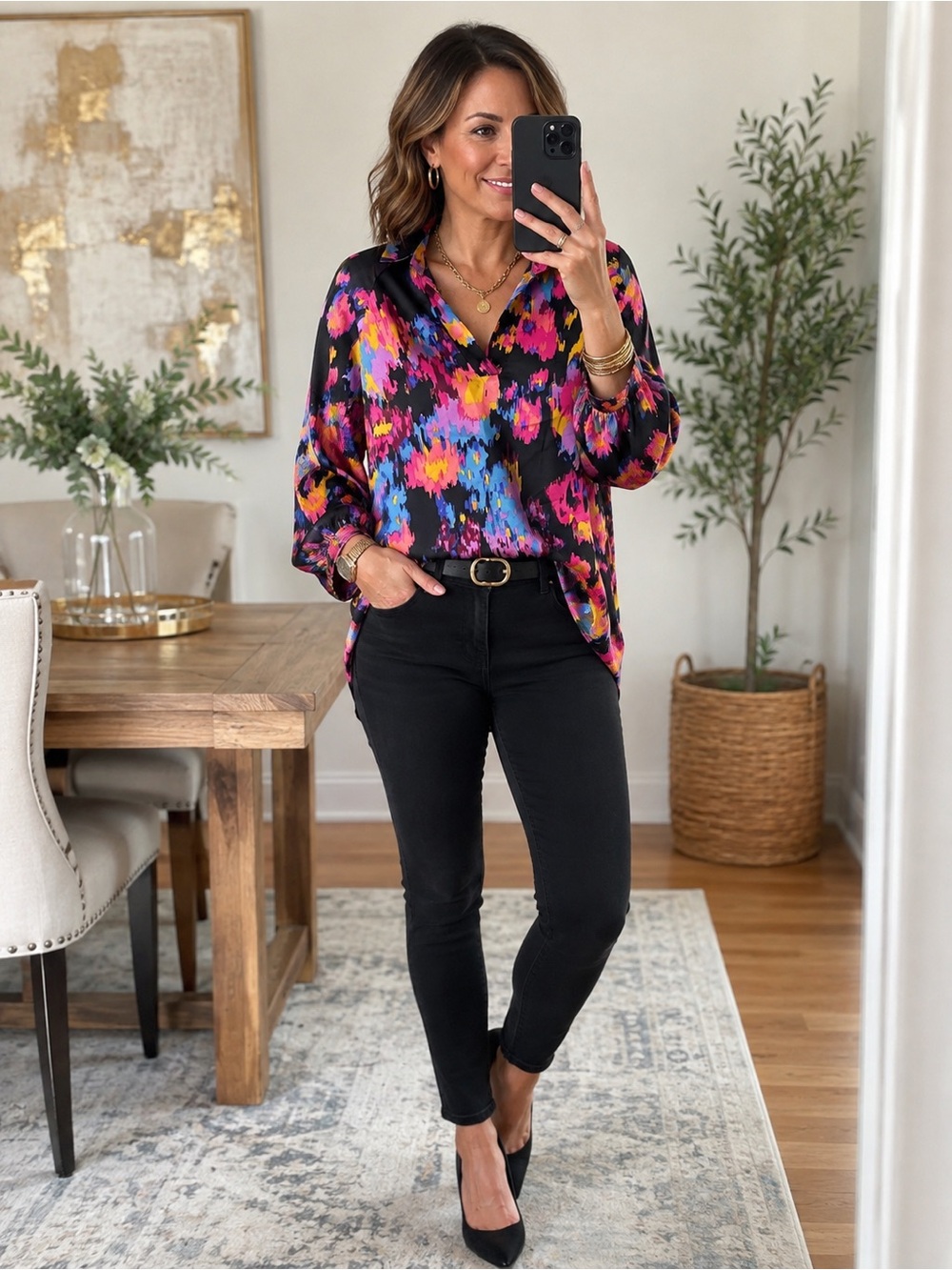 Vibrant Floral Print Blouse - Black Multi